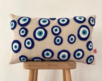 Galia Tasarim - Handmade Nazar Linen Cushion Cover with Evil Eye Design Throw Pillow
