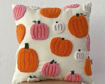 Galia Tasarim - Handmade Pillow Cover - Halloween Pumpkin Decorative Pillow - Colorful Pumpkins - Punch Embroidery