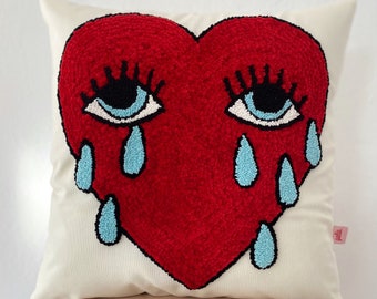 Galia Tasarim -Handmade Punch Needle Velvet Pillow Cover with Crying Heart Design