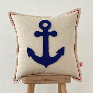 Galia Tasarim Linen Fabric Punch Embroidered Anchor Figure Cushion Cover with Red Trim Throw Pillow image 1