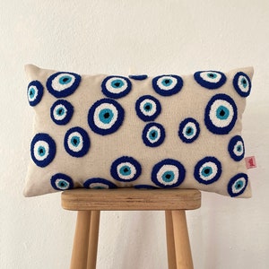 Galia Tasarim - Handmade Nazar Linen Cushion Cover with Evil Eye Design Throw Pillow