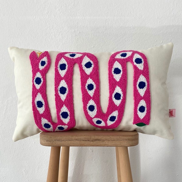 Galia Tasarim -Handmade Pink Snake Punch Embroidered Pillow Cover - Navy Blue Eyes -Eclectic Boho Decor