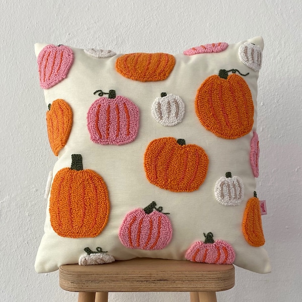 Galia Tasarim - Handmade Pillow Cover - Halloween Pumpkin Decorative Pillow - Colorful Pumpkins - Punch Embroidery