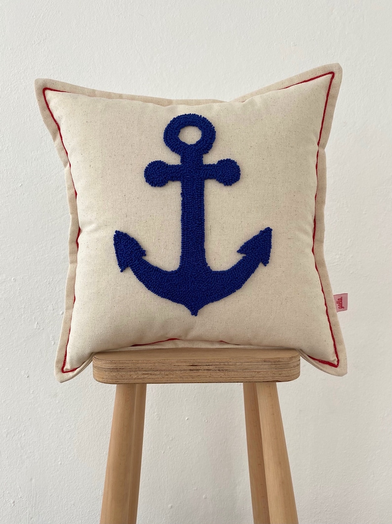 Galia Tasarim Linen Fabric Punch Embroidered Anchor Figure Cushion Cover with Red Trim Throw Pillow image 1