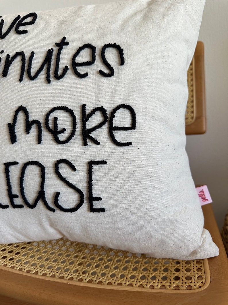 Galia Tasarim Handmade Linen Pillow Cover with 'Five Minutes More Please' Punch Needle Art image 3