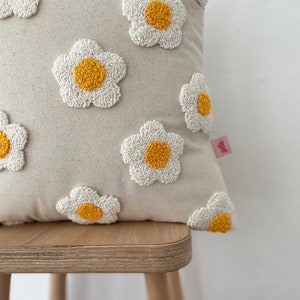 Galia Tasarim Handmade Floral Pillow Cover Linen Pillow Cover with Punch Embroidery Yellow Buds, White Petals image 2