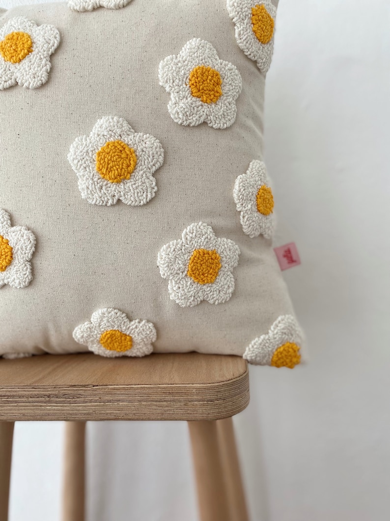 Galia Tasarim Handmade Floral Pillow Cover Linen Pillow Cover with Punch Embroidery Yellow Buds, White Petals image 2