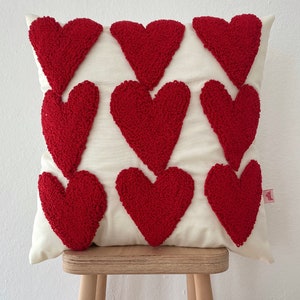 Galia Tasarim Handmade Pillow Cover ,Heart Embroidered Pillow Cover Water and Stain Resistant Fabric Multiple Color Options Red