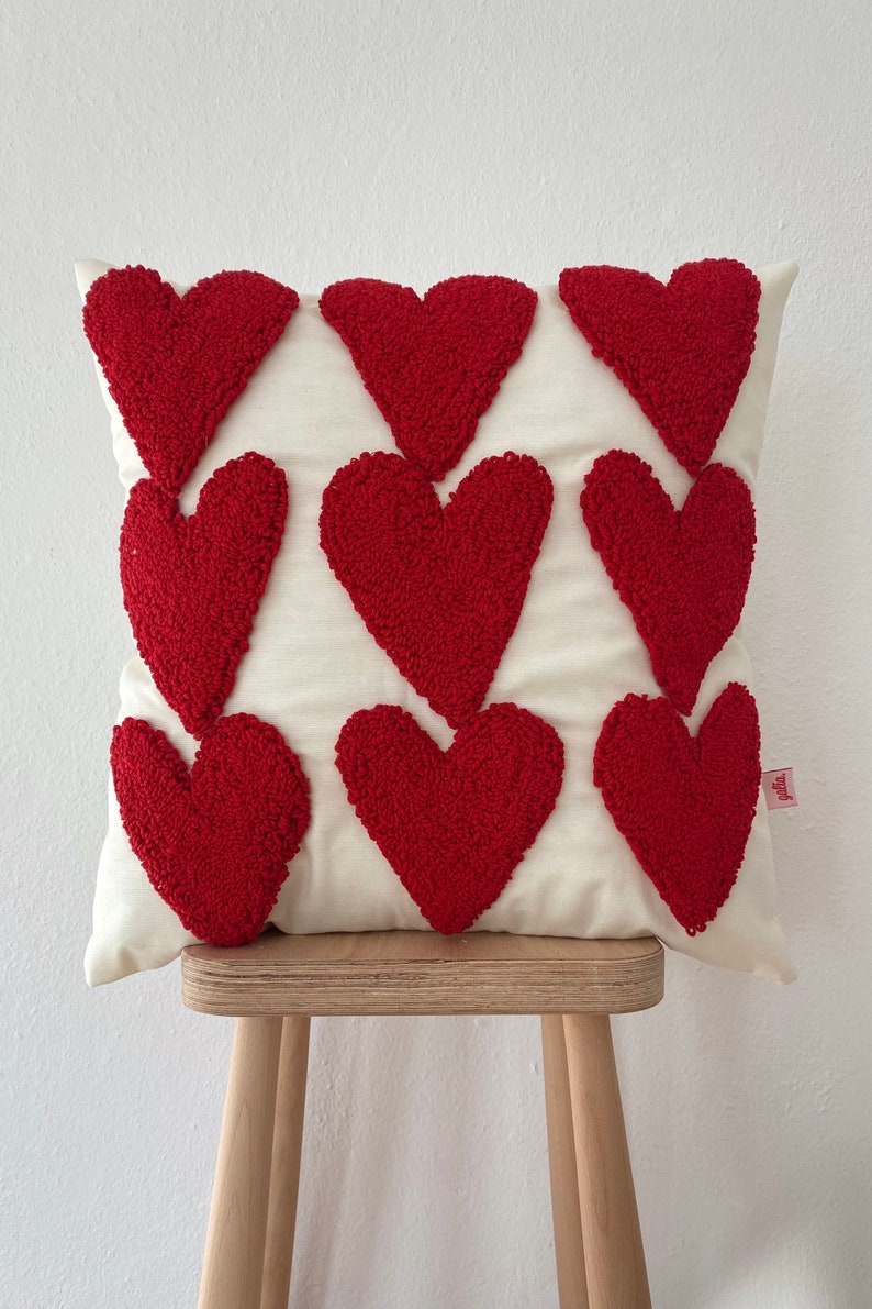 Galia Tasarim Handmade Pillow Cover ,Heart Embroidered Pillow Cover Water and Stain Resistant Fabric Multiple Color Options Red