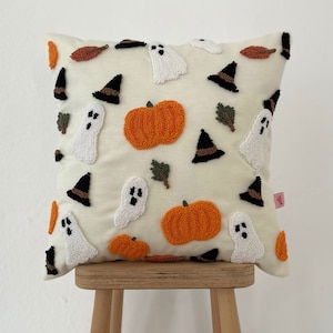 Galia Tasarim Decorative Pillow Cover with Halloween Themed Embroidery Hat, Ghost, Dry Leaves,Pumpkin image 1