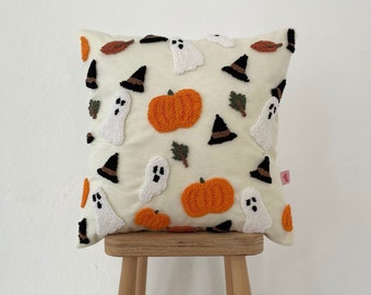 Galia Tasarim - Decorative Pillow Cover with Halloween Themed Embroidery - Hat, Ghost, Dry Leaves,Pumpkin