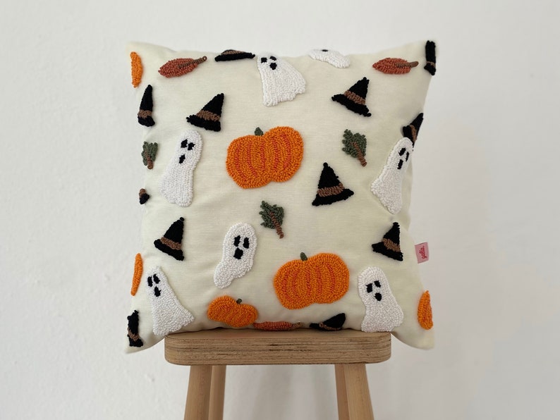 Galia Tasarim Decorative Pillow Cover with Halloween Themed Embroidery Hat, Ghost, Dry Leaves,Pumpkin image 1