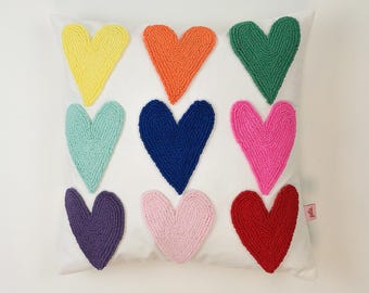 Galia Tasarim - Colorful Heart Punch Needle Pillow Cover – Embroidered Throw Pillow – Rainbow Heart Cushion – Handmade Cotton Blend Decor