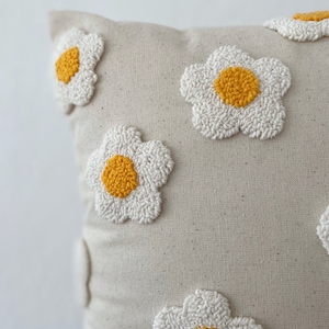 Galia Tasarim Handmade Floral Pillow Cover Linen Pillow Cover with Punch Embroidery Yellow Buds, White Petals image 6