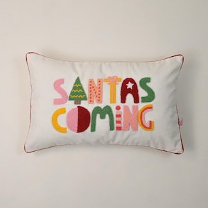 Galia - Cojín "Viene Papá Noel" - Cojín bordado navideño de colores - 35 x 55 cm