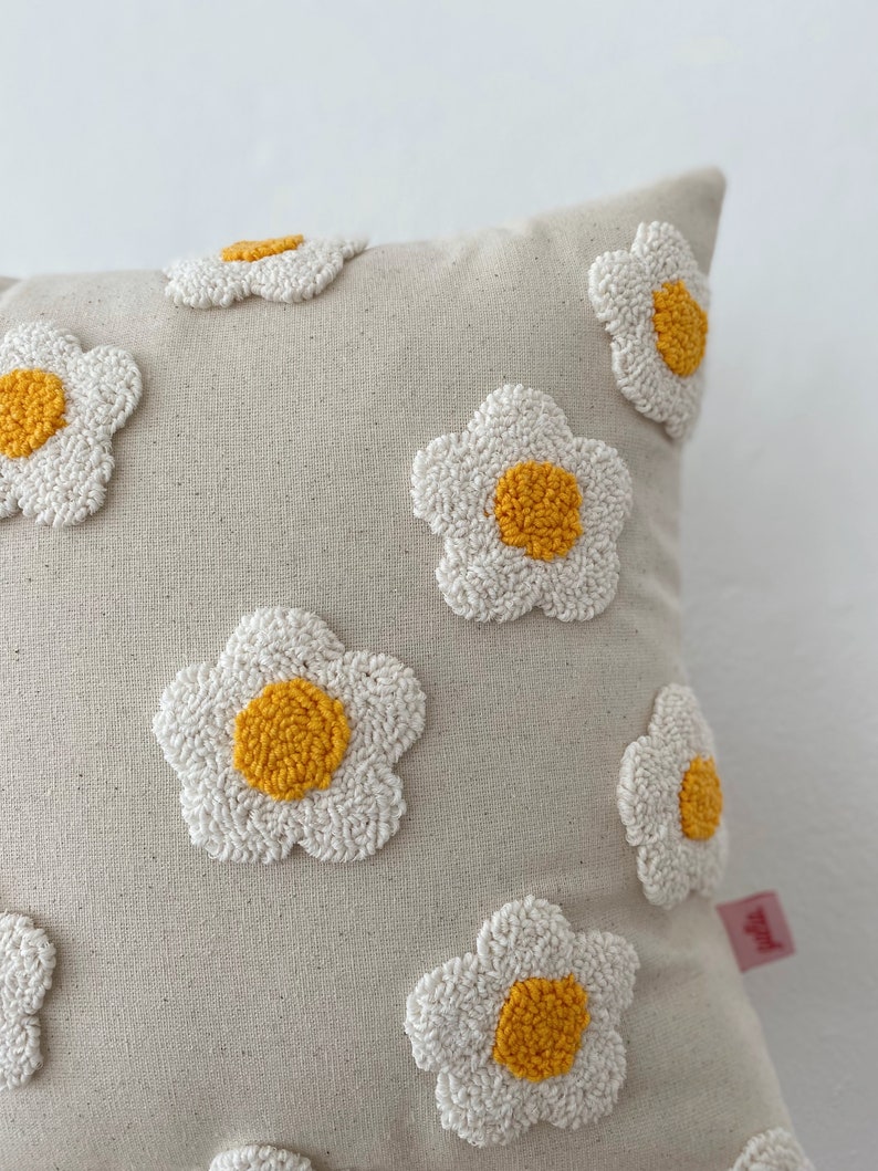 Galia Tasarim Handmade Floral Pillow Cover Linen Pillow Cover with Punch Embroidery Yellow Buds, White Petals image 3