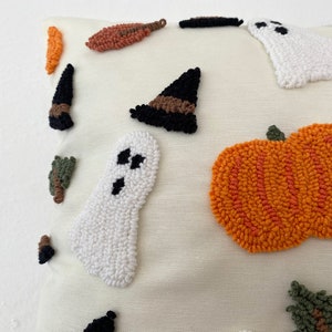 Galia Tasarim Decorative Pillow Cover with Halloween Themed Embroidery Hat, Ghost, Dry Leaves,Pumpkin image 3