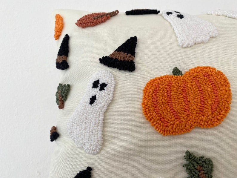 Galia Tasarim Decorative Pillow Cover with Halloween Themed Embroidery Hat, Ghost, Dry Leaves,Pumpkin image 3