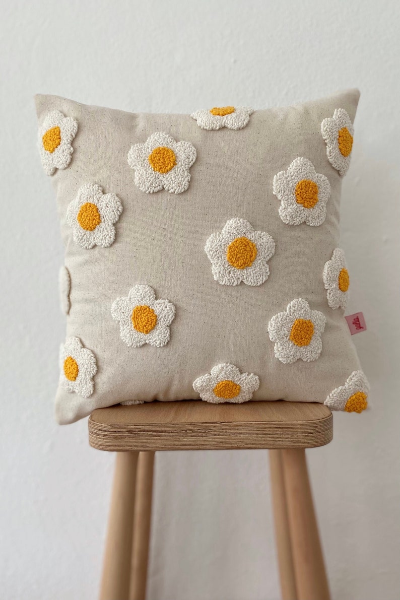 Galia Tasarim Handmade Floral Pillow Cover Linen Pillow Cover with Punch Embroidery Yellow Buds, White Petals image 1