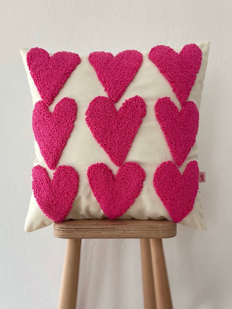 Galia Tasarim Handmade Pillow Cover ,Heart Embroidered Pillow Cover Water and Stain Resistant Fabric Multiple Color Options Pink