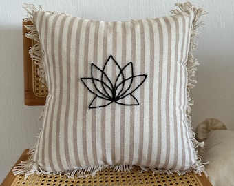 Galia Tasarim - Lotus Flower Linen Pillow Cover - Bohemian Style, Striped Design, Punch Needle Embroidery, Coastal Decor, Beach-Inspired