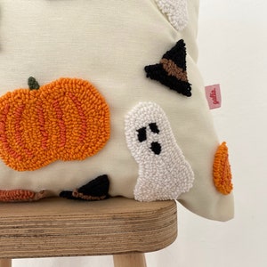 Galia Tasarim Decorative Pillow Cover with Halloween Themed Embroidery Hat, Ghost, Dry Leaves,Pumpkin image 4