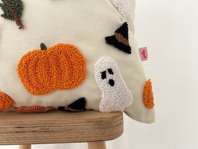 Galia Tasarim Decorative Pillow Cover with Halloween Themed Embroidery Hat, Ghost, Dry Leaves,Pumpkin image 4