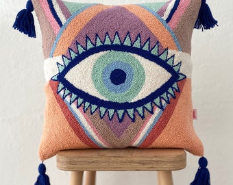 Galia Tasarim - Handmade Pastel Evil Eye Punch Needle Tufted Pillow Cover with Tassel Accents - Bohemian Home Decor