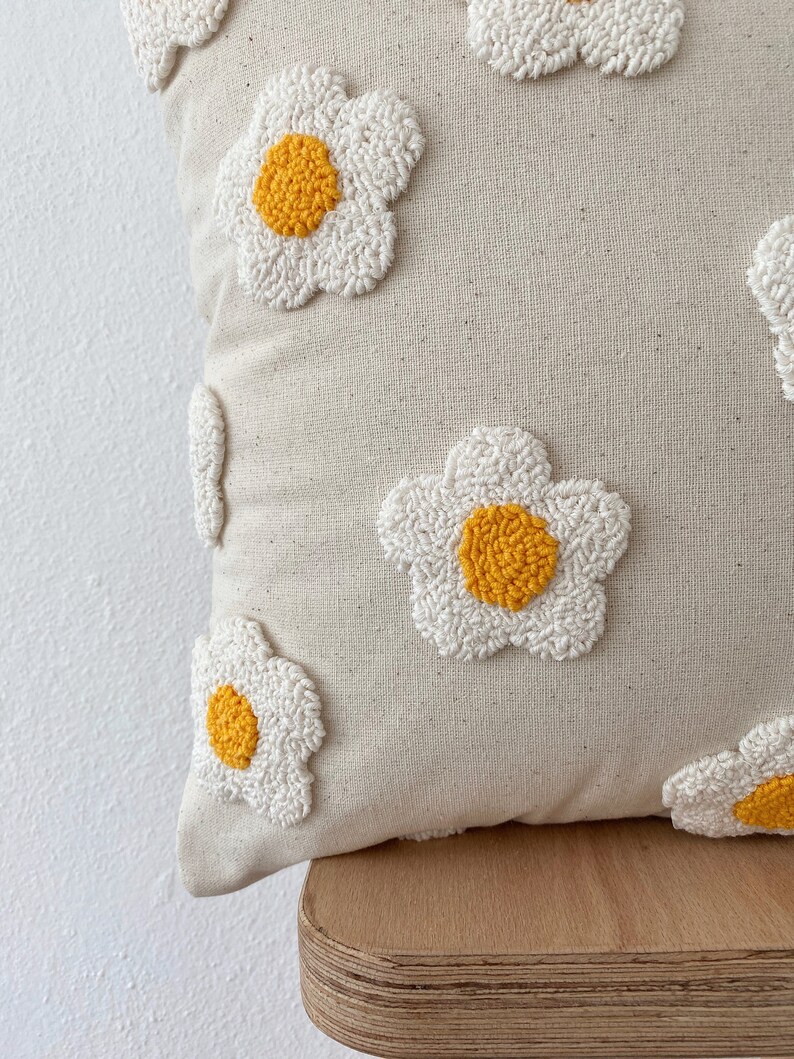 Galia Tasarim Handmade Floral Pillow Cover Linen Pillow Cover with Punch Embroidery Yellow Buds, White Petals image 5