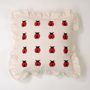 Galia - Funda de almohada con volantes de mariquita - Cojín bordado de lino lavado de 45 x 45 cm