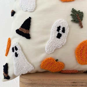 Galia Tasarim Decorative Pillow Cover with Halloween Themed Embroidery Hat, Ghost, Dry Leaves,Pumpkin image 5