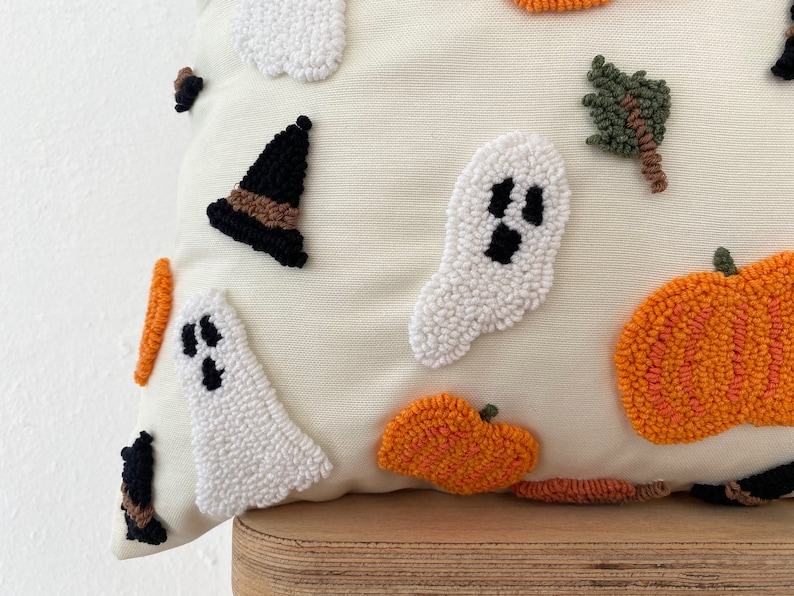 Galia Tasarim Decorative Pillow Cover with Halloween Themed Embroidery Hat, Ghost, Dry Leaves,Pumpkin image 5