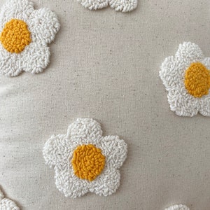 Galia Tasarim Handmade Floral Pillow Cover Linen Pillow Cover with Punch Embroidery Yellow Buds, White Petals image 4