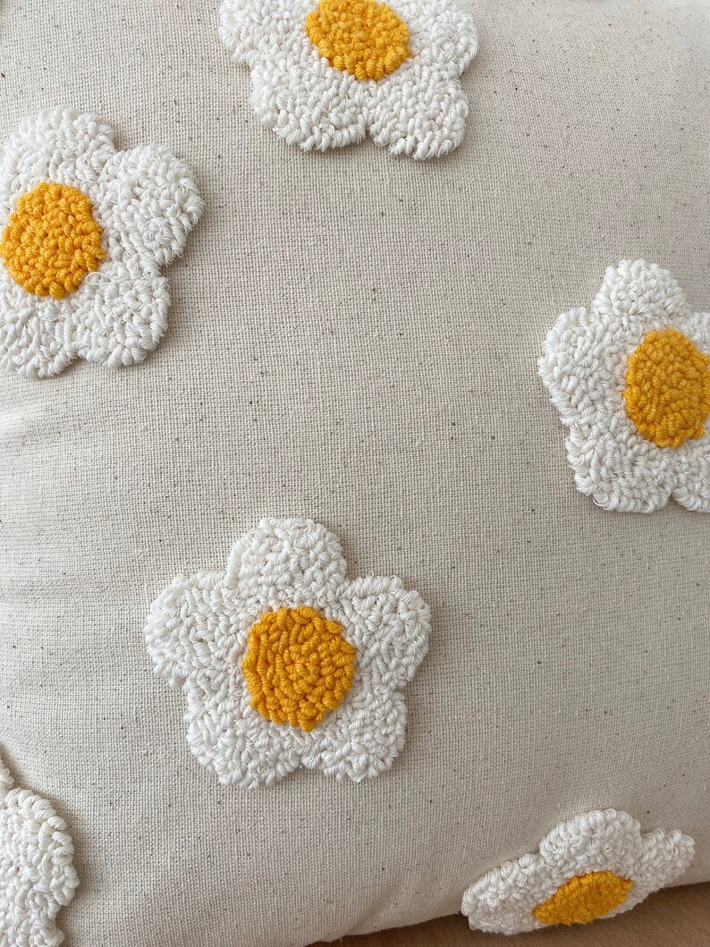 Galia Tasarim Handmade Floral Pillow Cover Linen Pillow Cover with Punch Embroidery Yellow Buds, White Petals image 4