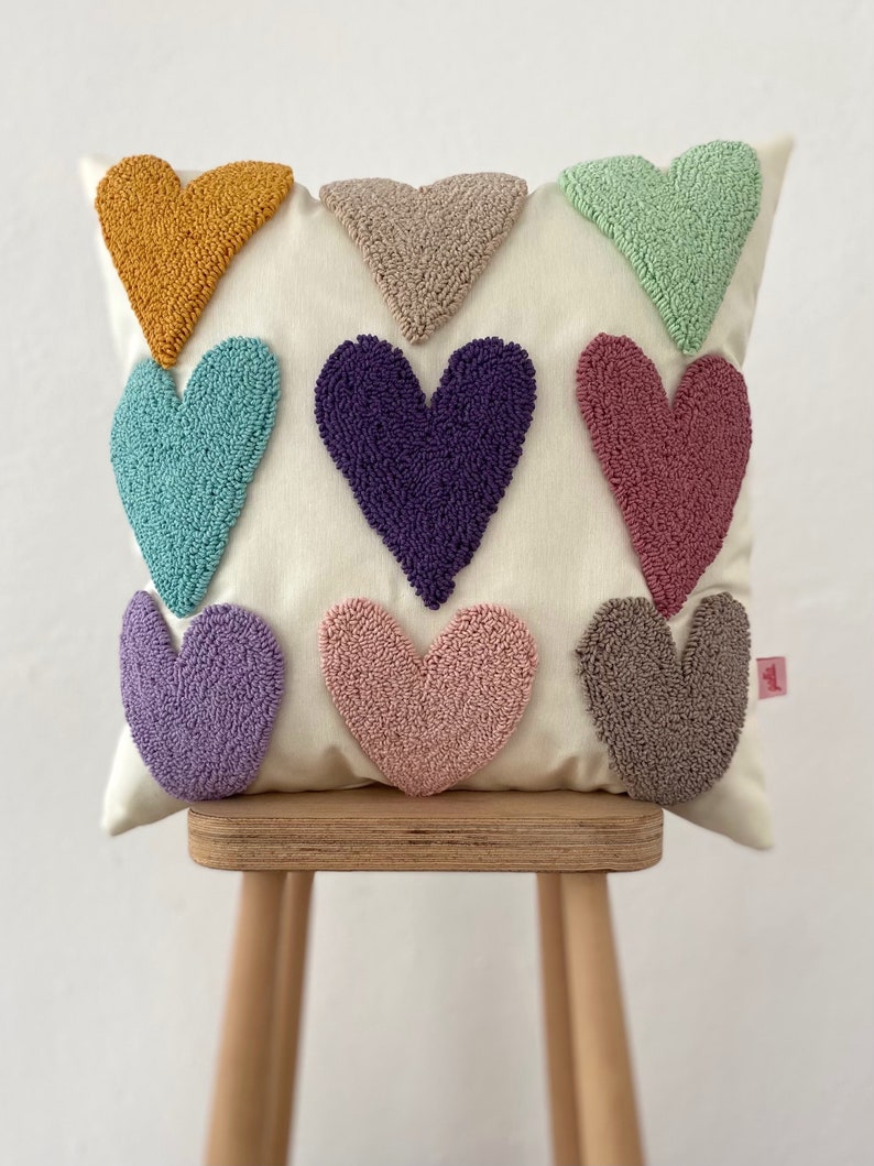 Galia Tasarim Handmade Pillow Cover ,Heart Embroidered Pillow Cover Water and Stain Resistant Fabric Multiple Color Options Pastel Mixed