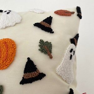 Galia Tasarim Decorative Pillow Cover with Halloween Themed Embroidery Hat, Ghost, Dry Leaves,Pumpkin image 2