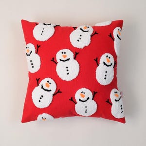Galia - Funda de almohada "Desfile de muñecos de nieve" - Bordado navideño rojo - 42 x 42 cm