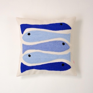 Galia Tasarim - Blue Fish Embroidered Pillow Cover – 45x45 cm Washed Linen Nautical Cushion
