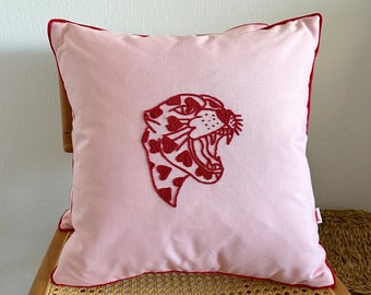 Galia Tasarim - Heart Shaped Leopard Punch Embroidery Pillow Cover - Handmade- Pink Fabric with Red Trim"