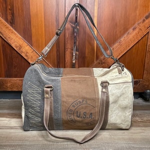 Large duffel Bag Upcycled Military Canvas Leather duffle