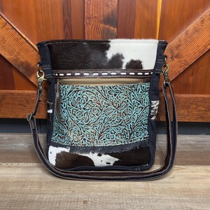 Bolso bandolera de piel de vaca negra y blanca, bolso de lona reciclada