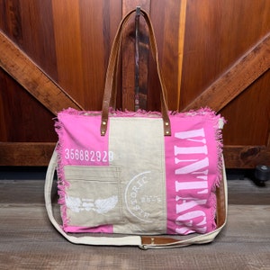 Pink Weekender Duffel XL Tote Travel Bag Upcycled Canvas Bag