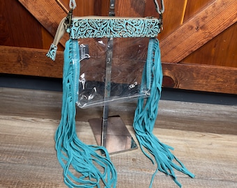 Beth Clear Bag with Fringe Embossed Leather Crossbody Purse