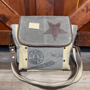 Leather Star Shoulder Purse  Upcycled Military Canvas Bag