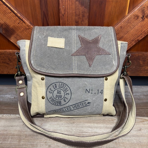 Leather Star Shoulder Purse  Upcycled Military Canvas Bag