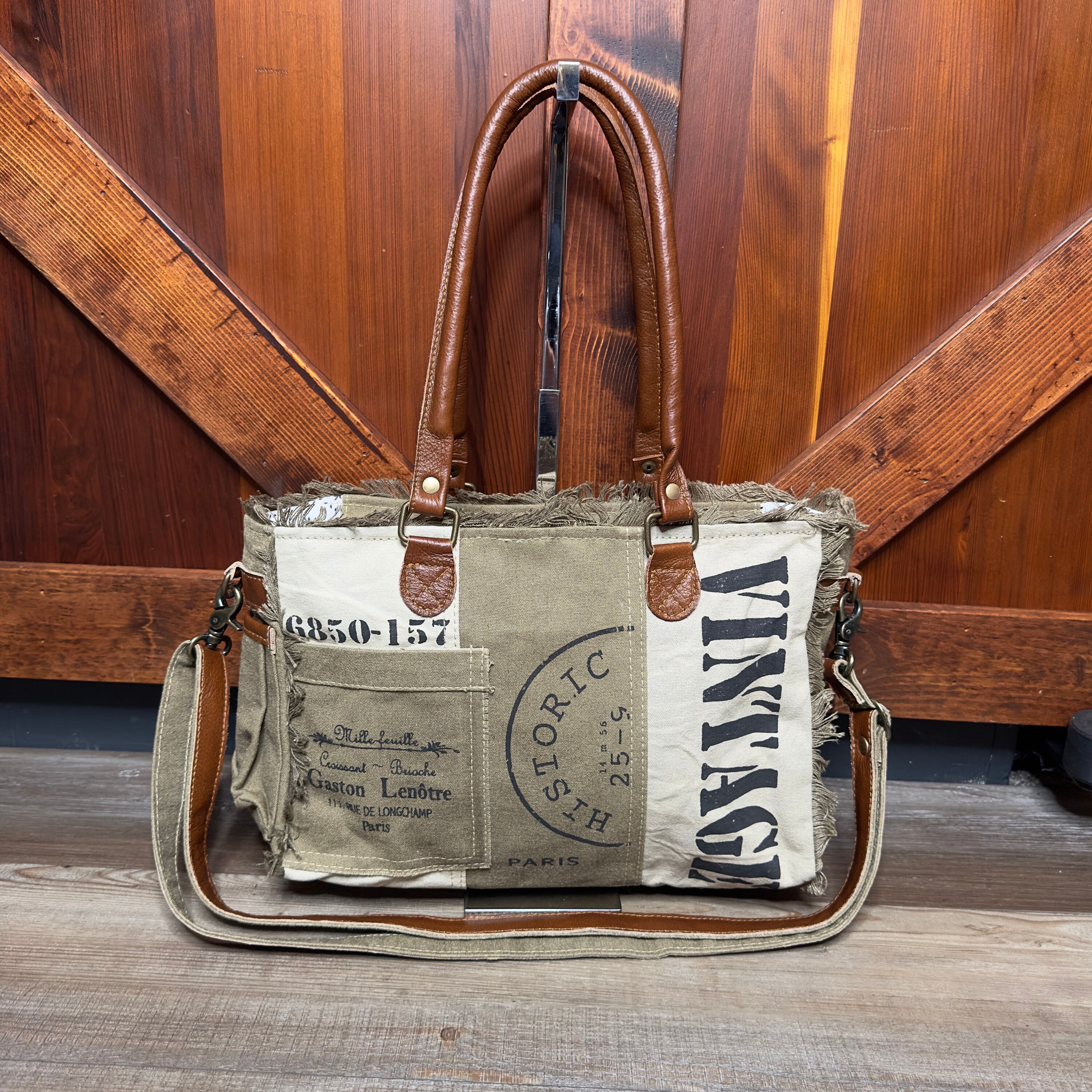 Vintage Style Upcycled Tote Shoulder Purse Canvas Bag in Sandstone 