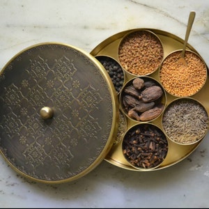 Antique textured brass condiments box/Indian Spaice Box/ Masala Box