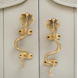 May include: Two brass cobra-shaped door handles. The handles are detailed with etched patterns and mounted on rectangular plates. The cobra heads are flared, and the bodies curve gracefully. The handles are gold-colored against a light gray door.
