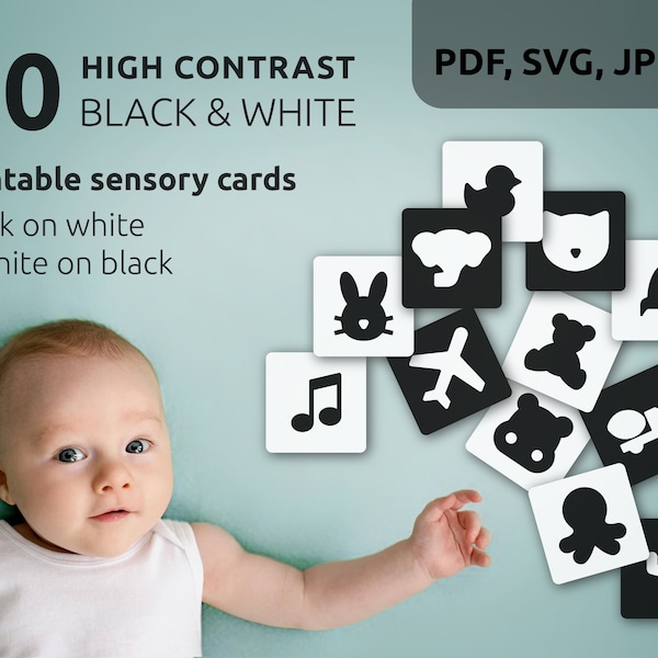 60 High Contrast Baby Activity Cards | Montessori | Black & White Sensory Cards for Infant Stimulation | Memory game | A4 | DIGITAL DOWNLOAD