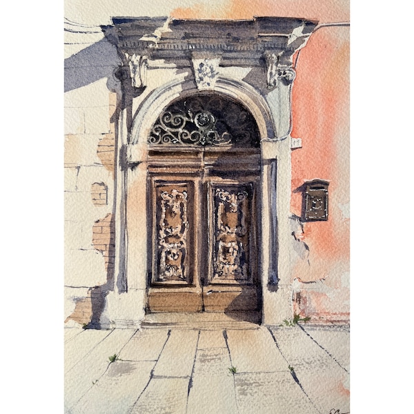 Italy Original Watercolor Painting Pisa Artwork Old Door Artwork Italian Door Art Tuscany Painting